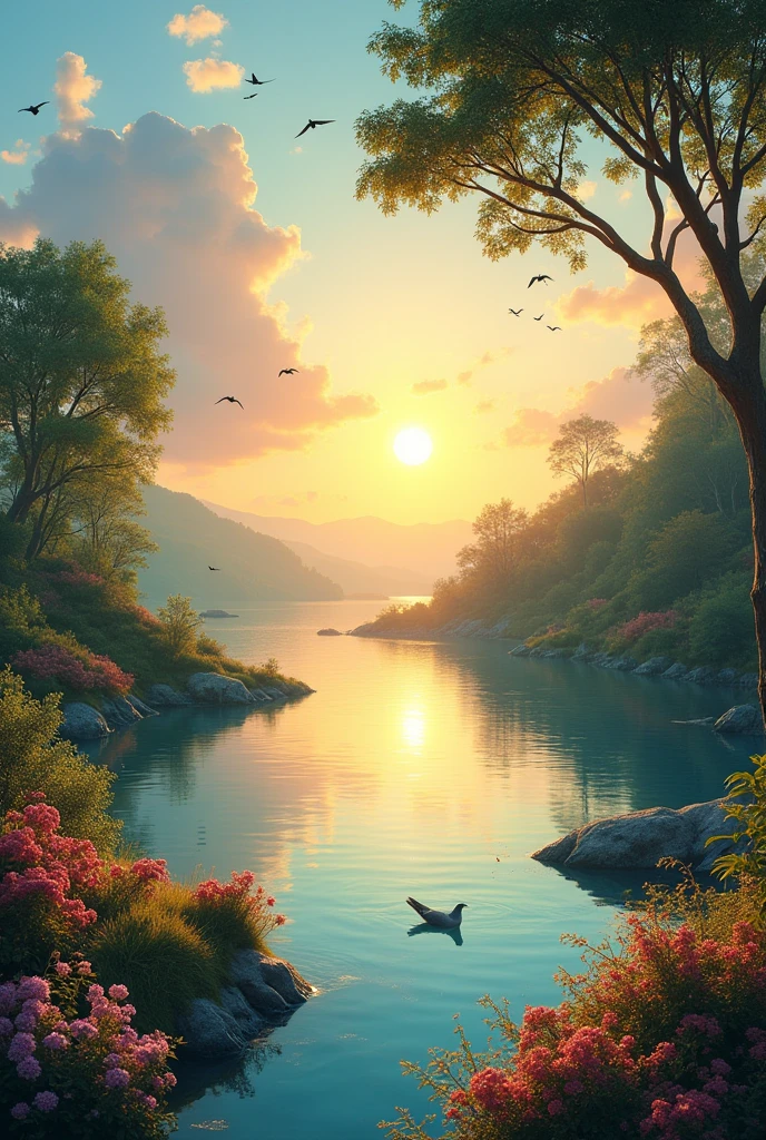Make an ebook cover, The title “September with Jesus” needs to come out in Portuguese, the landscape needs to be beautiful, reflecting rest and quiet with birds, water, sun and flowers