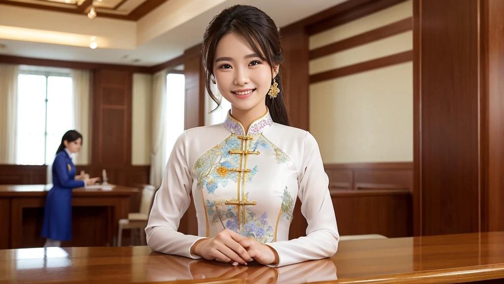 Smiling woman at the reception desk wearing an ao dai