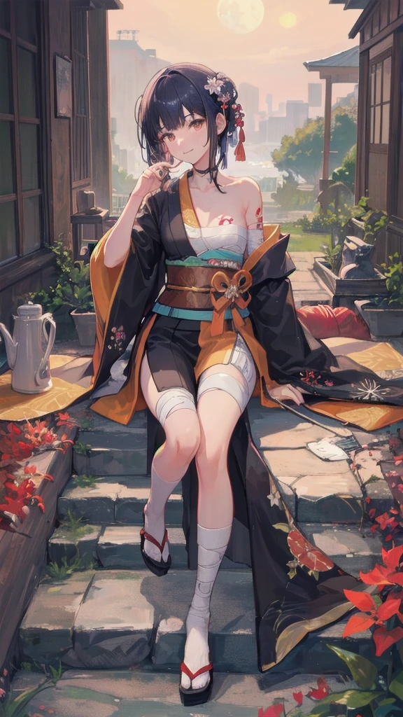 (((((roll up bandage sideways on a chest tightly to cover the chest without gaps))))), (((bandage samweways))),, ((Japanese Gangster BOSS)), adult woman with the dignified presence, Killing Qi, wear nothing around shoulder, wear nothing around neck, wear the kimono, wear it below the waist, (I wind it up to control it, and to attach it), ((kimono come off)) ,wear the kimono multiple times, Bare shoulders and the clavicle, black and gold kimono, put on over jacket of kimono, (holding a japanese sword which shine in purple, The handle of the sword is black, and the blade is gray, long sword), eye fire, low angle, whole body, anime character, Glaring, off sholder, nappropriate smile, Excellent, black blue hair, can see both shoulder, ((long kimono hem)), small face, ((some cherry blossam big tattoo on the arm)), ((background Japanese gate with circlr mark)),muscular,drink sake,fullmoon in the sky, The kimono is spreading,(((ultra-detailed))),super beautiful,Masterpiece,Killing Qi,Intimidation,zoom up, a person,Selfish person,in japanese veranda