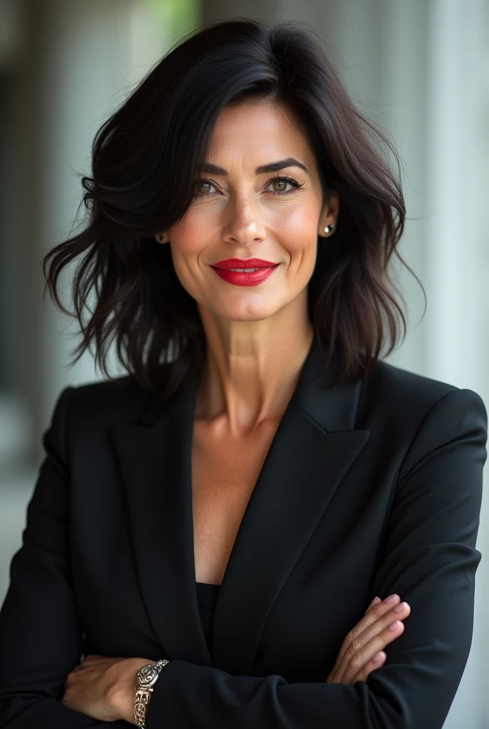 Face of a Brazilian businesswoman with loose hair wearing chic red lipstick 