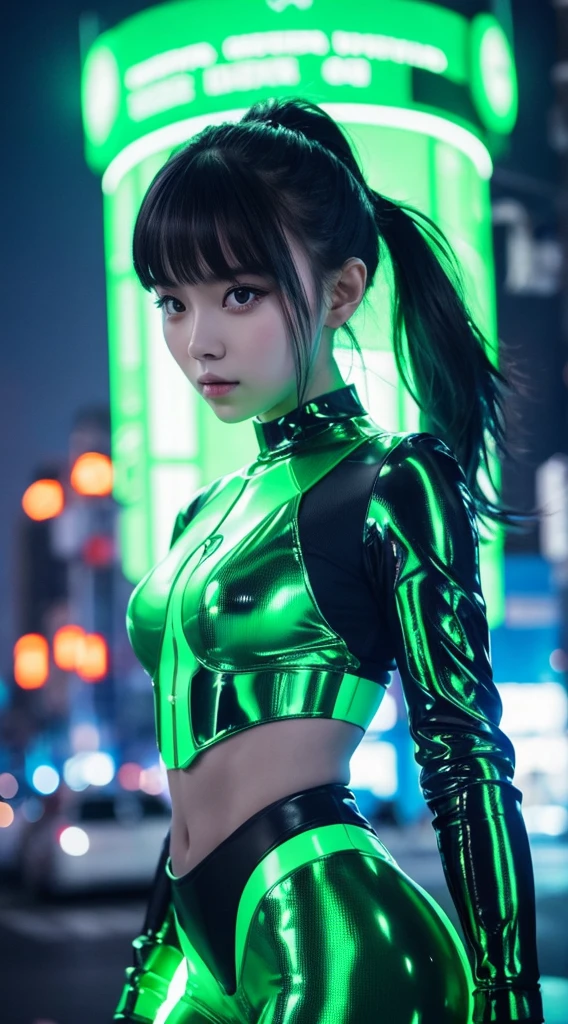 girl only the face, futuristic girl, futuristic clothing green, bright lights, futuristic city, neon city, masterpiece, Best Quality, 4k, realist, very aesthetic