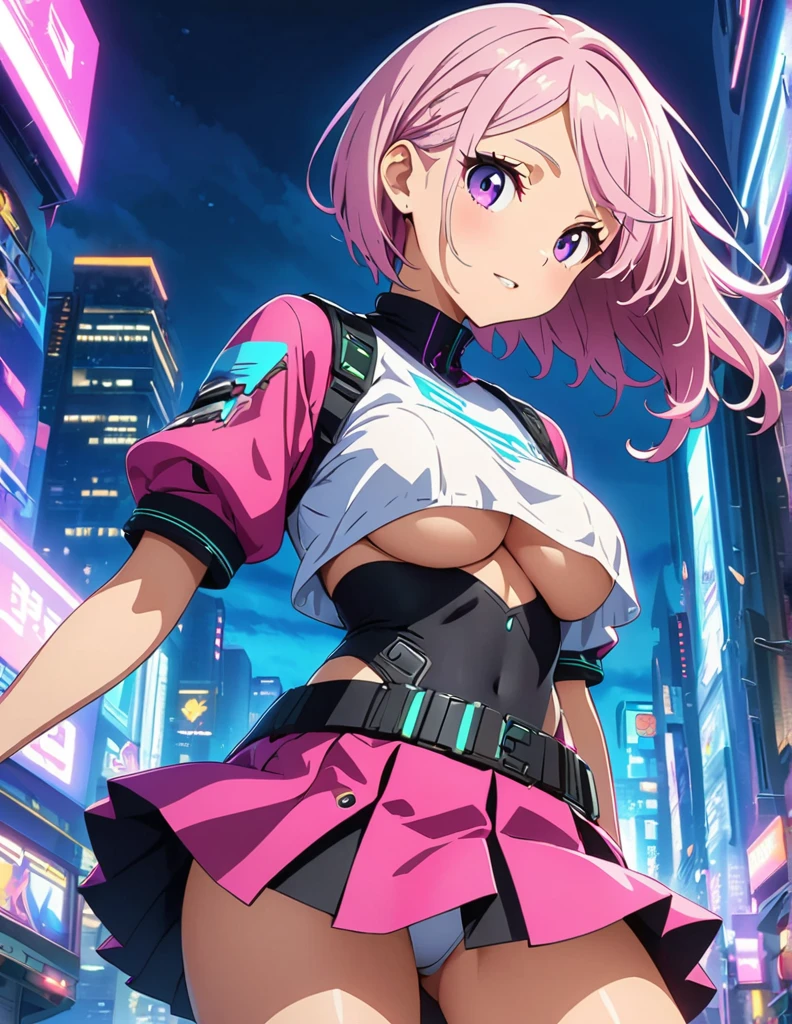 (anime artwork, anime style, studio anime, very detailed, up to date, vibrant, Anime Coloring, high contrast, masterpiece:1.2, best quality, best aesthetics),1 girl,cyber punk clothes, Medium chest, A glimpse of thighs,cyber punk hair, One eye is hidden by the bangs, perfect proportions, high detail skin, Cute, detailed faces,cyber punk city,night, large breasts, cutout between underboob and shirt,very short pleated miniskirt