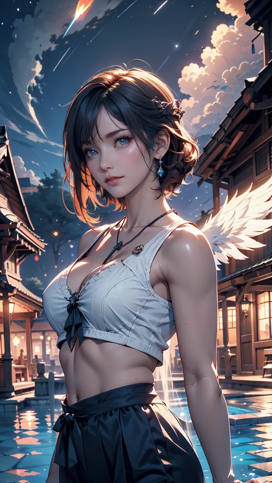 1 girl, eye, close, Beautiful night sky, Meteors, Beyond the Clouds, Surrounded by water, reflection, Wide Angel, Breathtakingly beautiful clouds, Wide-angle, by makoto shinkai, Thomas Kinkade, James Gillard, From holosomnialandscape, High resolution, Volumetric lighting, Ray Tracing, Complex, Attention to detail, Very detailed, Deviant Art, 4K portrait wallpaper,, colorful, Airy, Anime illustration, anime nature wallpapers