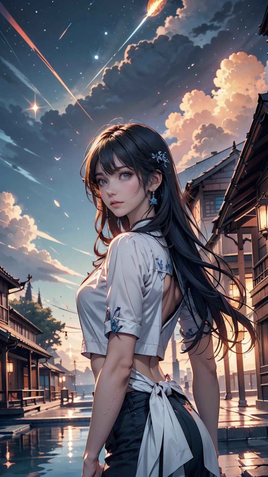 1 girl, eye, close, Beautiful night sky, Meteors, Beyond the Clouds, Surrounded by water, reflection, Wide Angel, Breathtakingly beautiful clouds, Wide-angle, by makoto shinkai, Thomas Kinkade, James Gillard, From holosomnialandscape, High resolution, Volumetric lighting, Ray Tracing, Complex, Attention to detail, Very detailed, Deviant Art, 4K portrait wallpaper,, colorful, Airy, Anime illustration, anime nature wallpapers