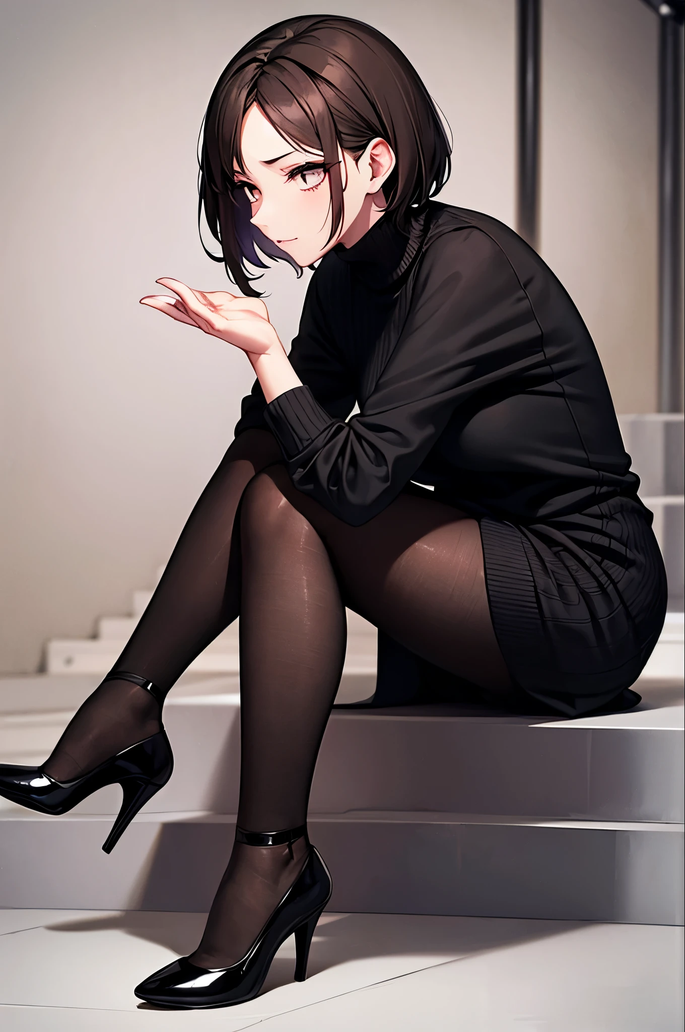 A woman in her 40s wearing a black dress and black high heels is sitting on the stairs, Attractive pose, All-through pantyhose, wearing a Black sweater, Casual pose, Wearing a dark colored sweater, Black sweater, wearing tight Black clothes, Shot with Canon EOS 5D mark iv, Thoughtful pose, Shot with Canon EOS 5D, Woman posing, Short Hair, Black clothes, Cute young woman, Brown Hair