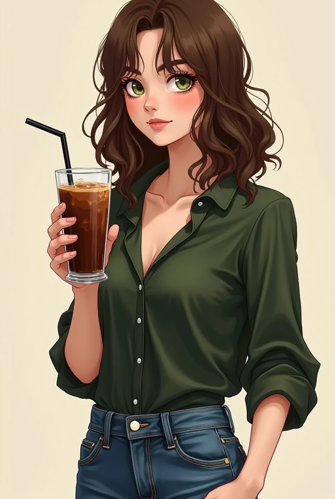 A girl with a dark green blouse and blue jeans with shoulder-length brown hair and green eyes holds a glass of chocolate cocktail. 2d pencil drawing and color drawing 
