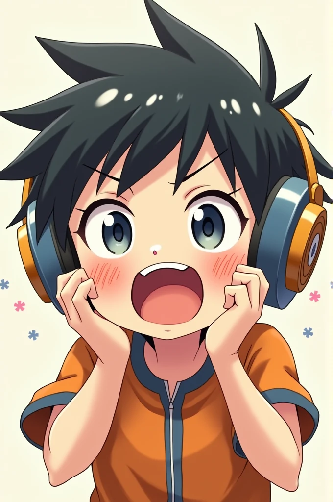 A boy give funny reaction wear a headphone anime