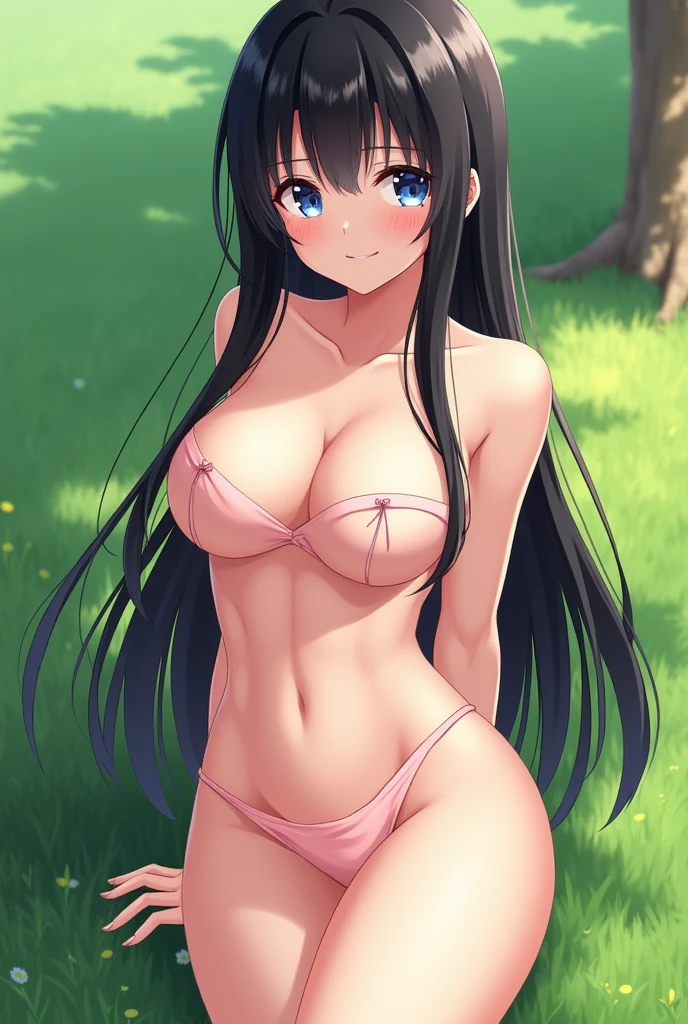 Anime style, 1girl, young busty female, ((black color hair, long straight hair)), blue eyes, double eyelids, light effect on the eyes, wide hips, ((naked)), stylish, beautiful smile, shy, blush on cheeks, ((sexy body)), solo, best quality, masterpiece, portrait, flirting with viewer, sensual pose, detailed, perfect anatomy, detailed art, high definition, 4k , high resolution, garden, grass,