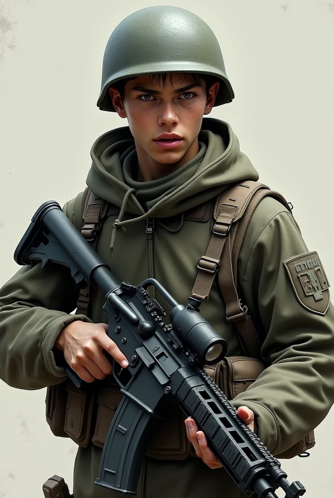 Make image of an qarmy boy with open mouth littel agressive face fair skin wearing helmet age 25    holding gun in his HAND STANDING STRAIT ak 47

Use this immage only but not with cartoon look 
And full sleves
And agressive look not a cartoon real time human give him A bright skin 