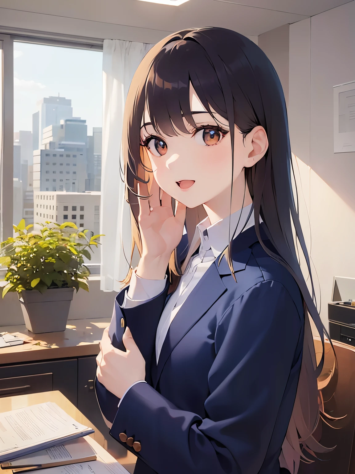 hand on own face, side angle, upper body, Realistic, real person, (pale skin: 1.2), RAW photo, photorealistic, shiny skin, shiny hair、(A 25-year-old woman with medium-length hair and bangs) and (wavy hair) and (brown hair) and (orange eyes) , (Navy blue business suit:1.5) and (white collared shirt) , smile, open mouth, Background is an office room、Alone、Are standing