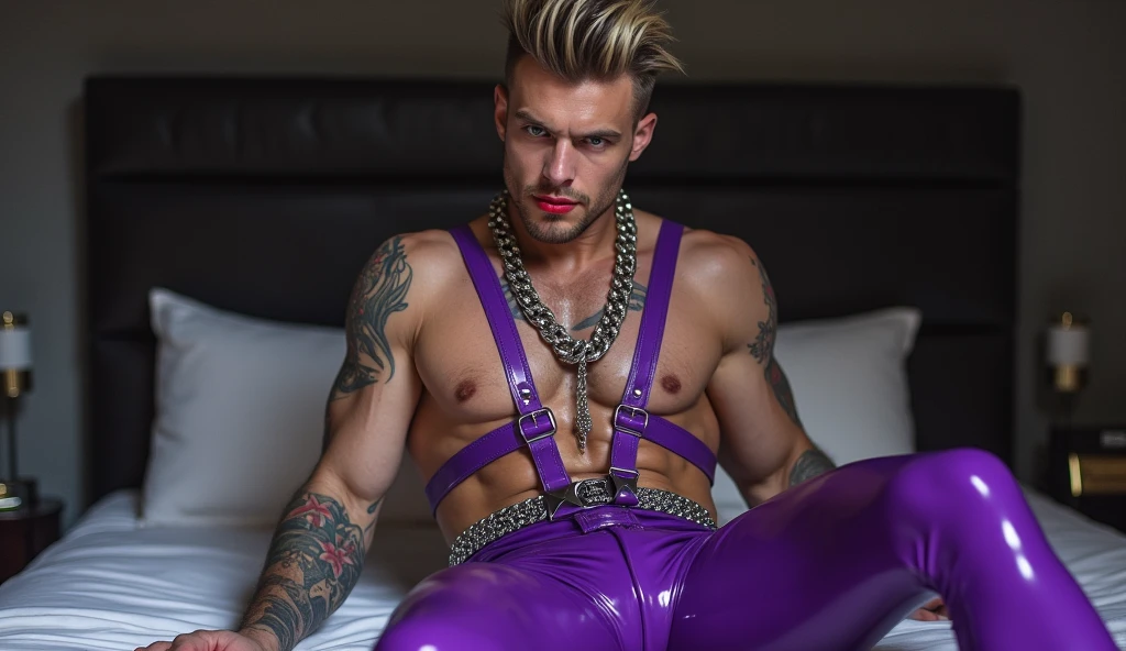 Fullbody picture of white skin Handsome  muscular horny nude sexy gay man wearing sexy shiny violet latex harness, shiny black Disconnected Pompadour oiled hair style, blue eyes, shiny black varnished vinyl shoes, red lip, chain, tattoos, horny, cum shot, sperm, milking penis, big penis, very big testicle, shiny oiled skin, orgasm, oversexed, at bed.