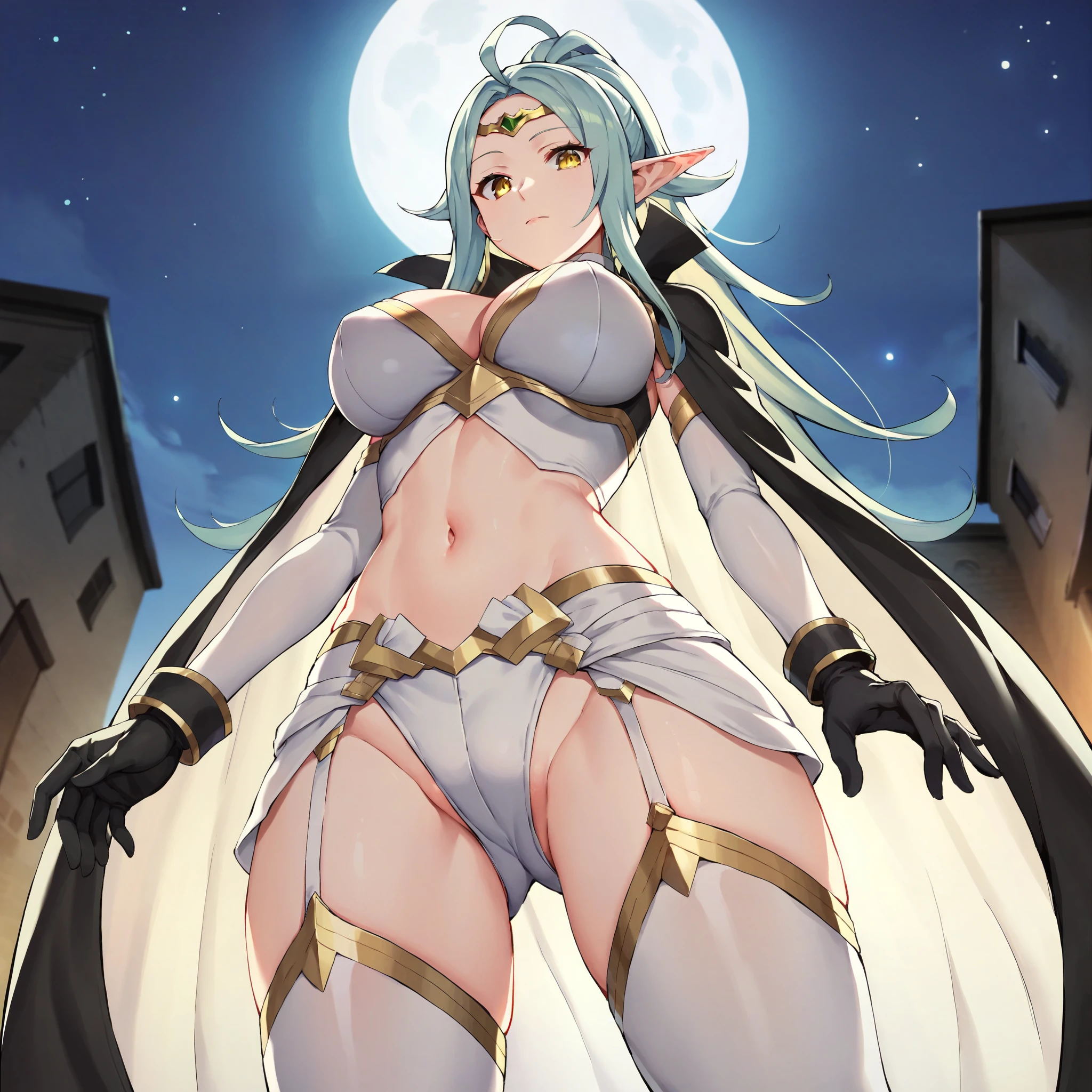 score_9, score_8_up, score_7_up, score_6_up, BREAK source_anime, best quality, masterpiece,
1girl, solo, nowi feh, white clothing, two-piece bodysuit, silvery shining bodysuit, midriff, long blue hair, yellow-eyes, circlet, black cape, big breasts, black gloves, white multiple belts, garter straps, thighhighs, black thigh boots, expressionless, looking at viewer, night sky, post-apocalypse, crumbling city on background, late night, moon, dark alleyway, detailed face, from below,