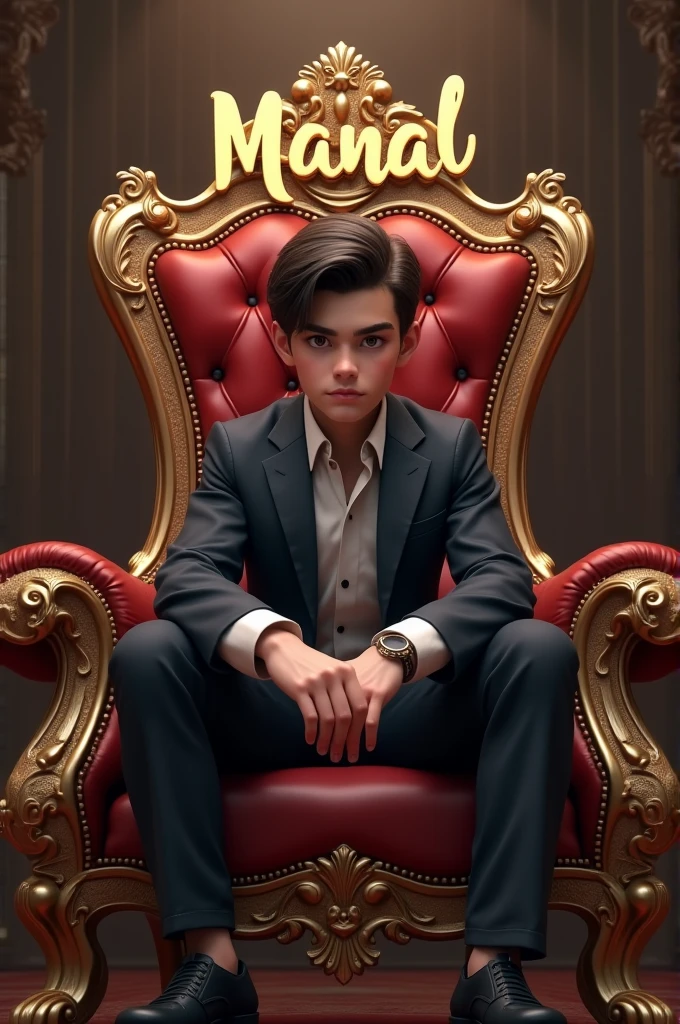 Creat realastic image 19nyear boy sitting on king chair with attitude and write name at back side in shiny word name is 'manal'