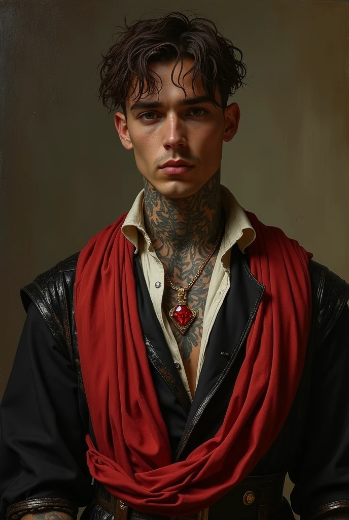 {{Masterpiece, best quality, oil painting, by Franz von Stuck, by James Tissot, male focus, muted colors}}, the composition is: (((((very dramatic half body portrait of a pensive 30 year old nobleman, sexy, brown skin, tan, confident, magnificent, disheveled brown hair. Tattoos, His face is tattooed))))). ((((He is wearing a silken, black and red ancient Roman guard uniform with ronin inspired elements, made of crocodile leather, with tortoiseshell elements, he is wearing a red diamond shape pendant, and a golden moth badge)))).