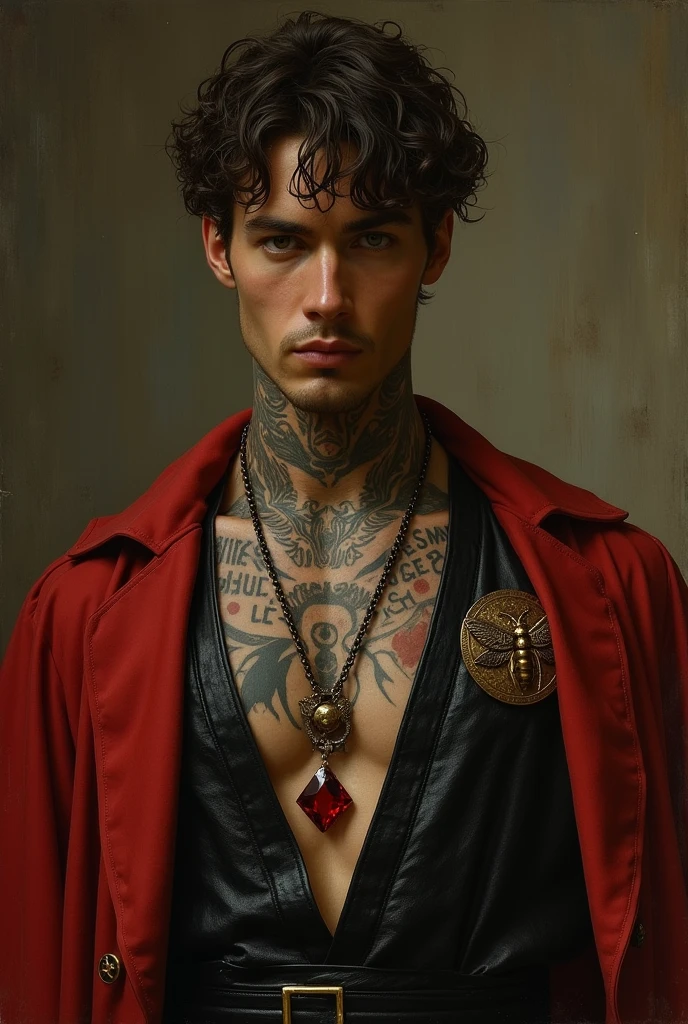 {{Masterpiece, best quality, oil painting, by Franz von Stuck, by James Tissot, male focus, muted colors}}, the composition is: (((((very dramatic half body portrait of a pensive 30 year old nobleman, sexy, brown skin, tan, confident, magnificent, disheveled brown hair. Tattoos, His face is tattooed))))). ((((He is wearing a silken, black and red ancient Roman guard uniform with ronin inspired elements, made of crocodile leather, with tortoiseshell elements, he is wearing a red diamond shape pendant, and a golden moth badge)))).