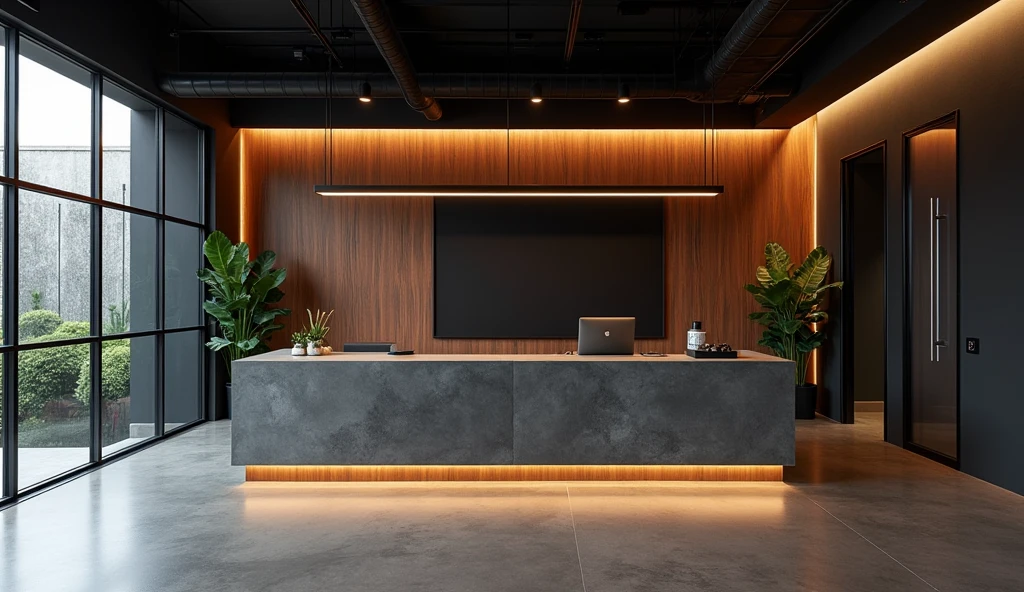Professional architectural space photography,Future Office,Technology,Minimalist industrial style with walnut and black walls,Concrete top,Interior design master works,Enchanting light and shadow