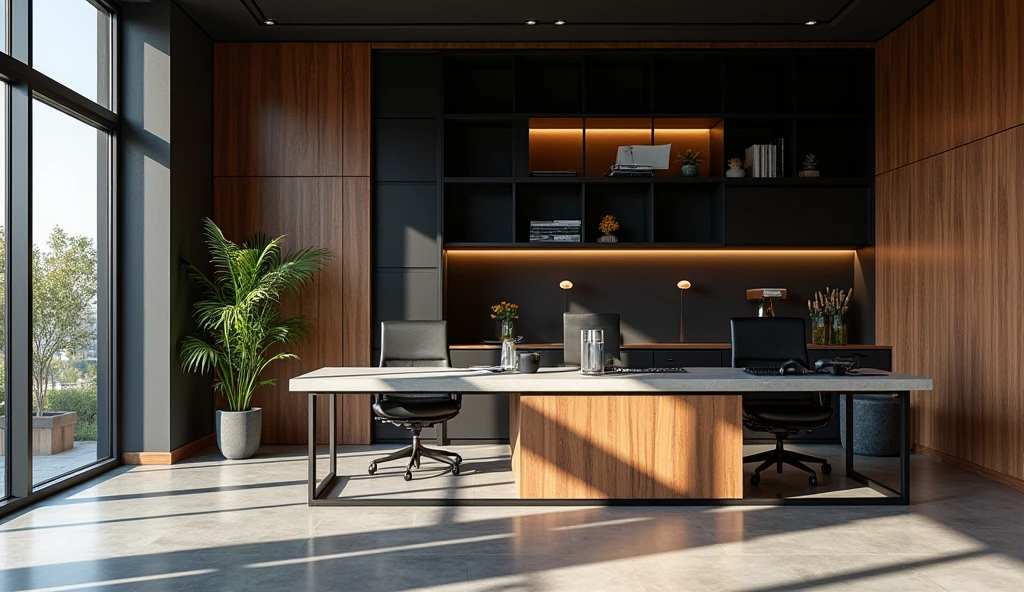 Professional architectural space photography，Future Office，Technology，Minimalist industrial style with walnut and black walls，Concrete top，Interior design master works，Enchanting light and shadow