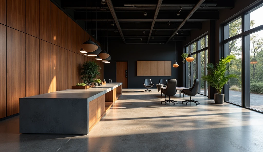 Professional architectural space photography，Future Office，Technology，Minimalist industrial style with walnut and black walls，Concrete top，Interior design master works，Enchanting light and shadow