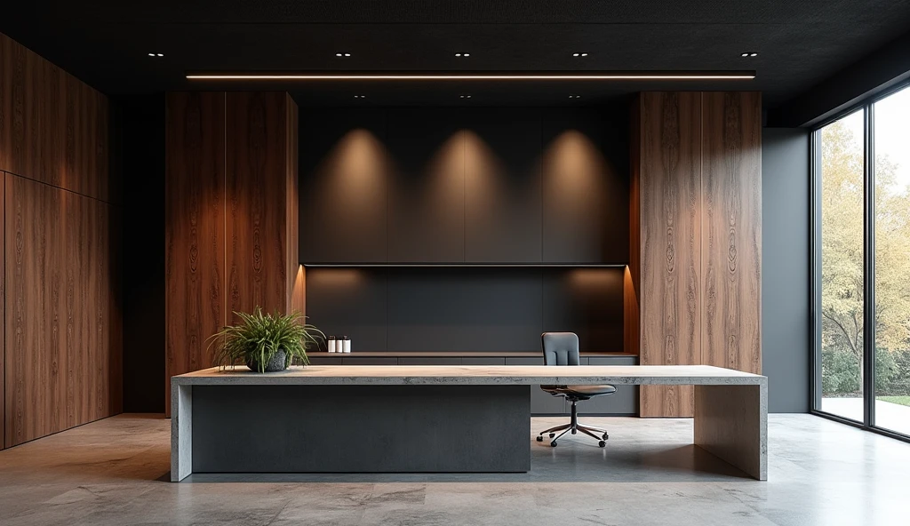 Professional architectural space photography,Future Office,Technology,Minimalist industrial style with walnut and black walls,Concrete top,Interior design master works,Enchanting light and shadow