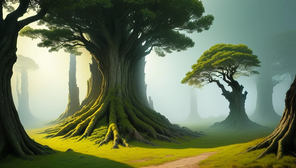 丘の近くの草の中にwoodが立っています, ancient wood, beautiful Ancient forest, Ancient forest, Yellow volumetric fog, 古代のwood, wood. Matte Paint, nonconformist, 黄金の聖なるwood, Inspired by Gediminas Plankevicius, inspired by Roger Dean, 3D Virtual Landscape, huge ancient wood