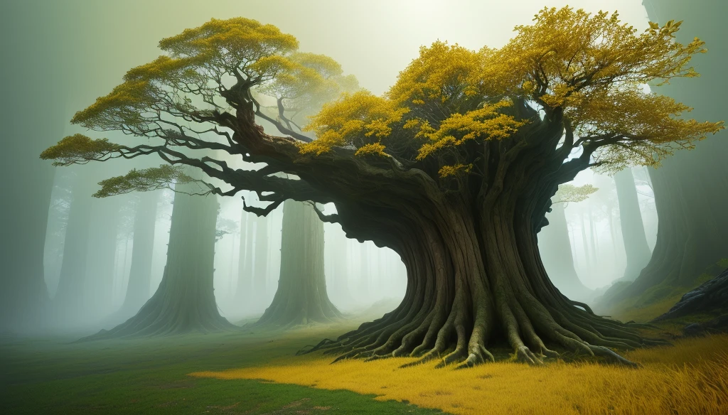 丘の近くの草の中にwoodが立っています, ancient wood, beautiful Ancient forest, Ancient forest, Yellow volumetric fog, 古代のwood, wood. Matte Paint, nonconformist, 黄金の聖なるwood, Inspired by Gediminas Plankevicius, inspired by Roger Dean, 3D Virtual Landscape, huge ancient wood