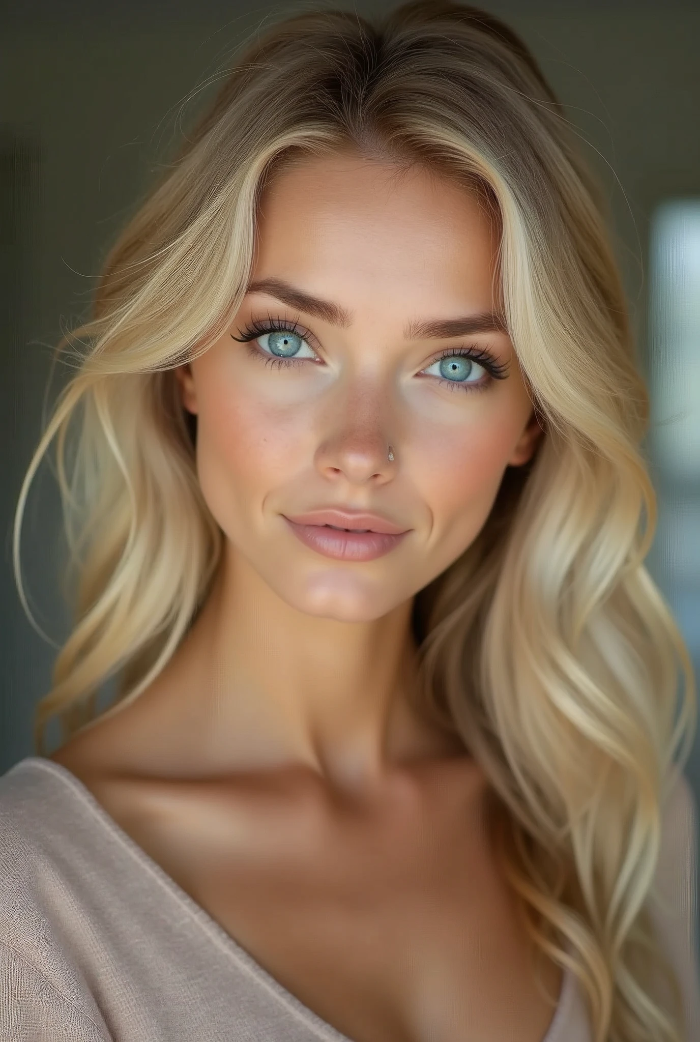 Create a very beautiful blonde girl with blue eyes, a beautiful body, very smooth skin and beautiful, big eyes. 