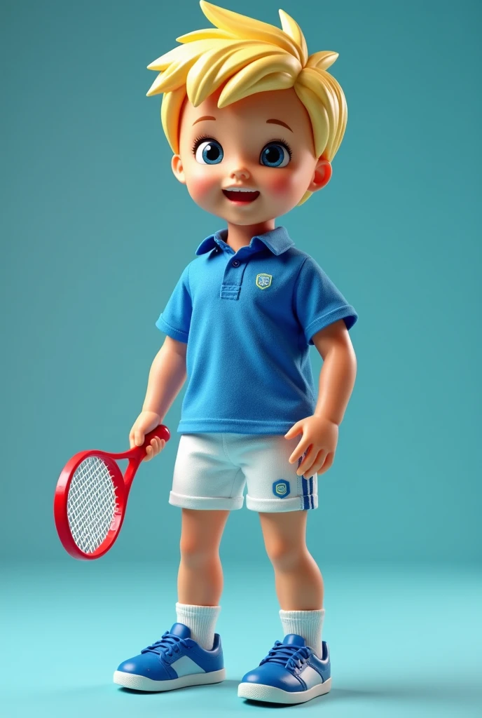 A male doll with a blue shirt and blue and white shorts with blond hair holding a tennis racket