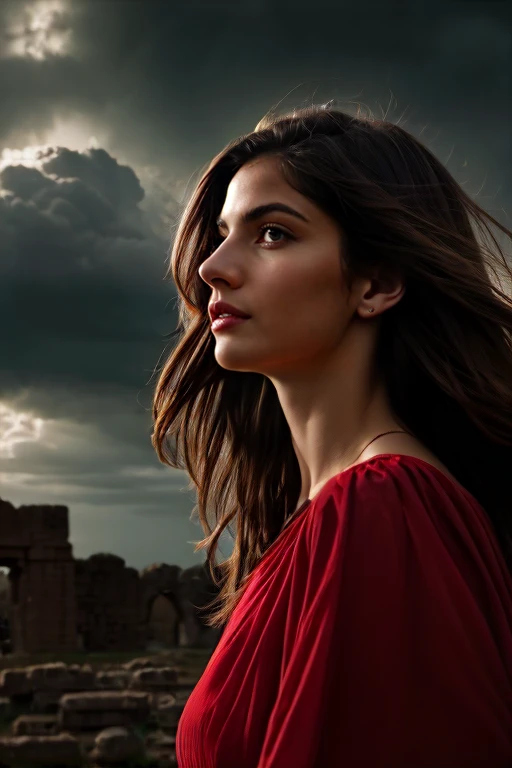 a beautiful ancient girl, detailed face and features, long flowing brown hair, wearing a sexy red dress, dramatic lighting, photorealistic, 8k, detailed background with ancient ruins, dramatic sky with clouds, (best quality,4k,8k,highres,masterpiece:1.2),ultra-detailed,(realistic,photorealistic,photo-realistic:1.37),dramatic lighting,intricate details,chiaroscuro,cinematic,moody,elegant,graceful,alluring,captivating