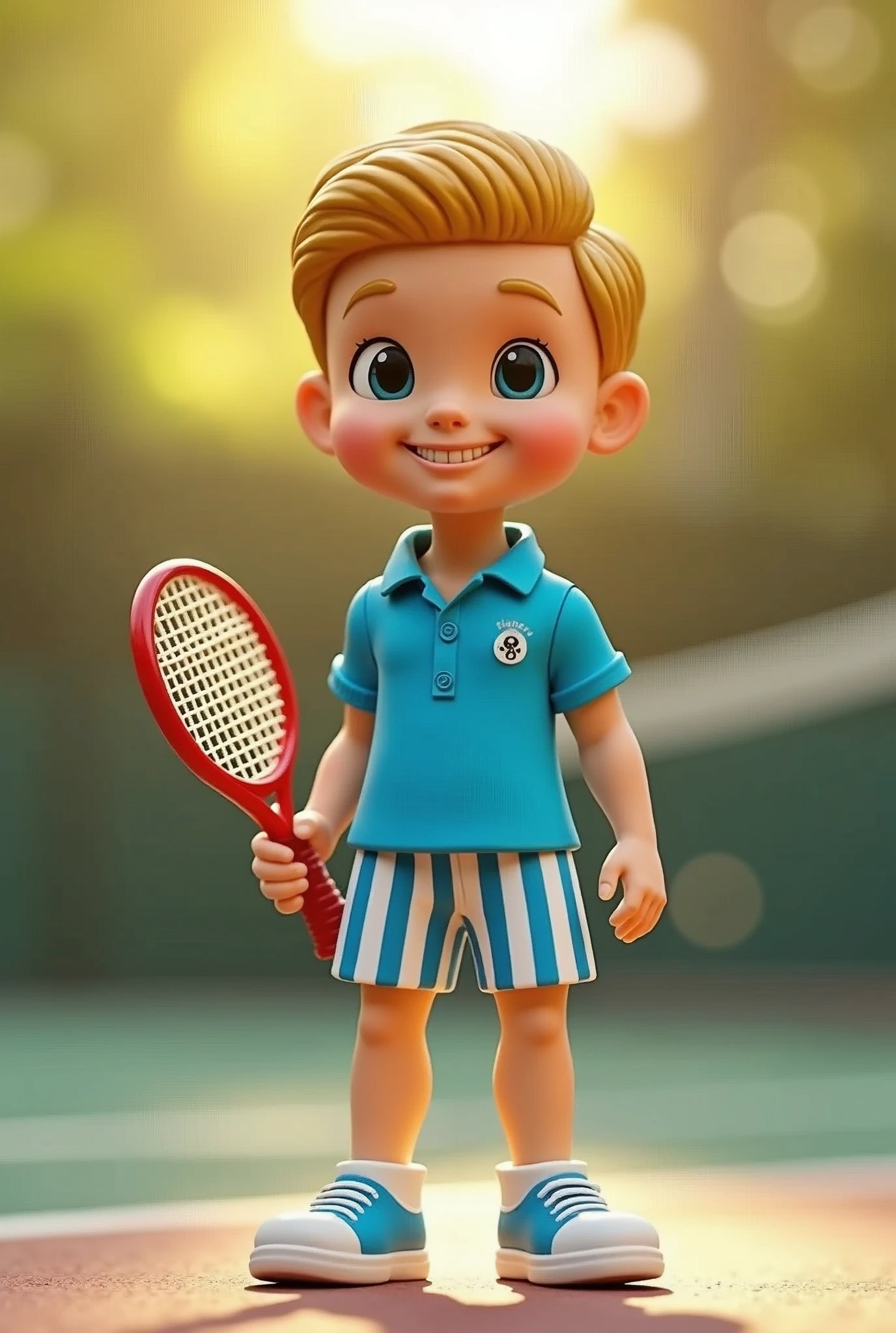 A male doll with a blue shirt and blue and white shorts with blond hair holding a tennis racket