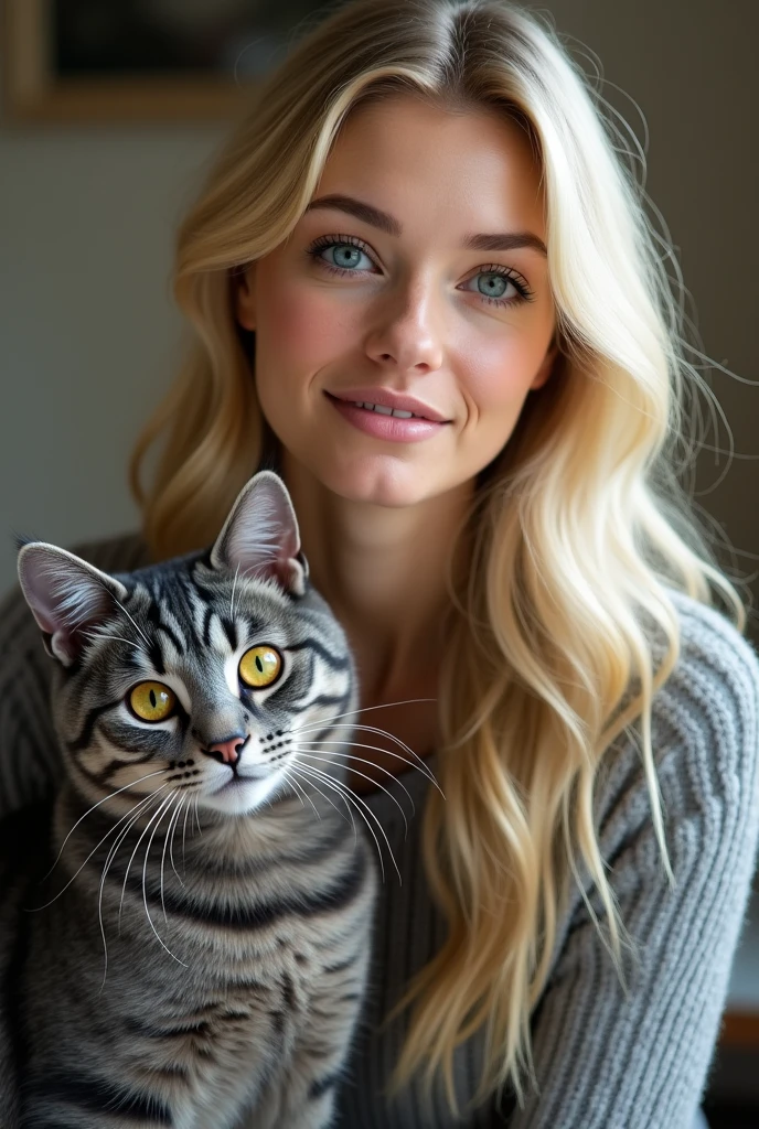 Create a female character who is a beautiful blonde woman with blue eyes. She must have a charming personality, with a combination of intelligence, charisma and sensitivity. Describe it in detail, including your fashion style, hobbies, and a brief life story that shows how she became the incredible person she is today. photo of her with her pet gray cat with yellow eyes!
