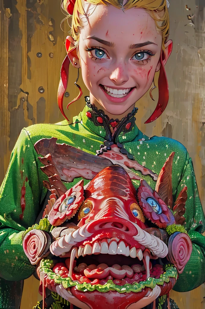 (Highest quality,4K,High resolution:1.2),Very detailed,Realistic,Portraiture,girl,Looking into the camera,evil意のある笑み,Exposed teeth,Big smile,Bloody meat cleaver,background,family,family dead,bloody scene,Dark atmosphere,That's horrible,That's horrible,気味のevilい,Vibrant colors,Sharp focus,Detailed eyes,Performance,Murderous Intent,dangerous,emotion,Psychological horror,evil夢,spooky,artistic,That's horrible,horror film,Horror Theme,horror film,Low lighting,Bloody Hands,Bloodstain,evil,Threatening,Horror Story