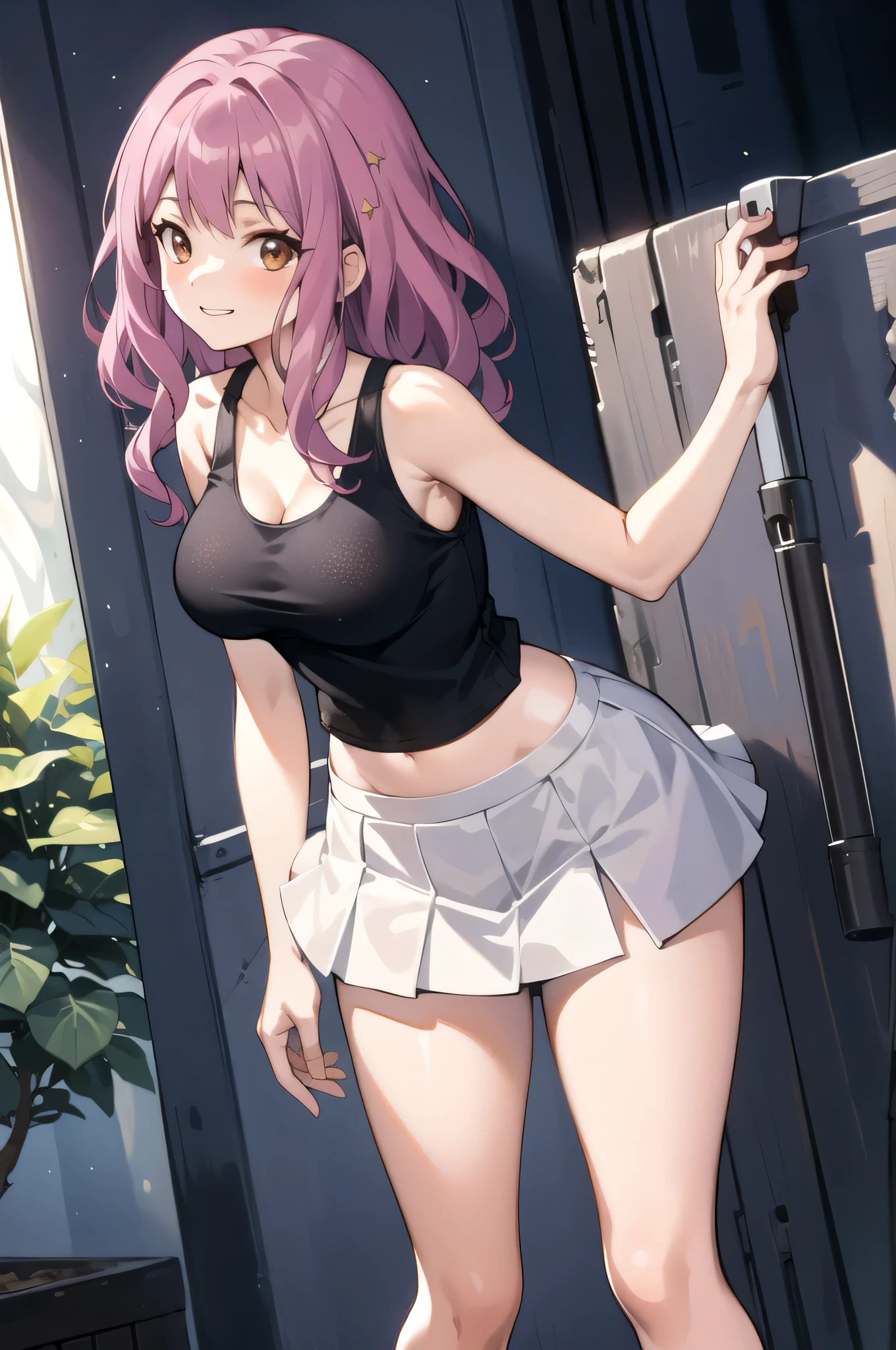 Highest quality、High resolution、masterpiece、Purple Hair、Brown eyes、Medium Hair、Wavy Hair、Black Tank Top、Big Breasts、girl with big breasts、Black Mini Skirt、Tight Skirt、Skin tight tank top、A small smile、Are standing、(forest, Dawn, Speckled sunlight)、