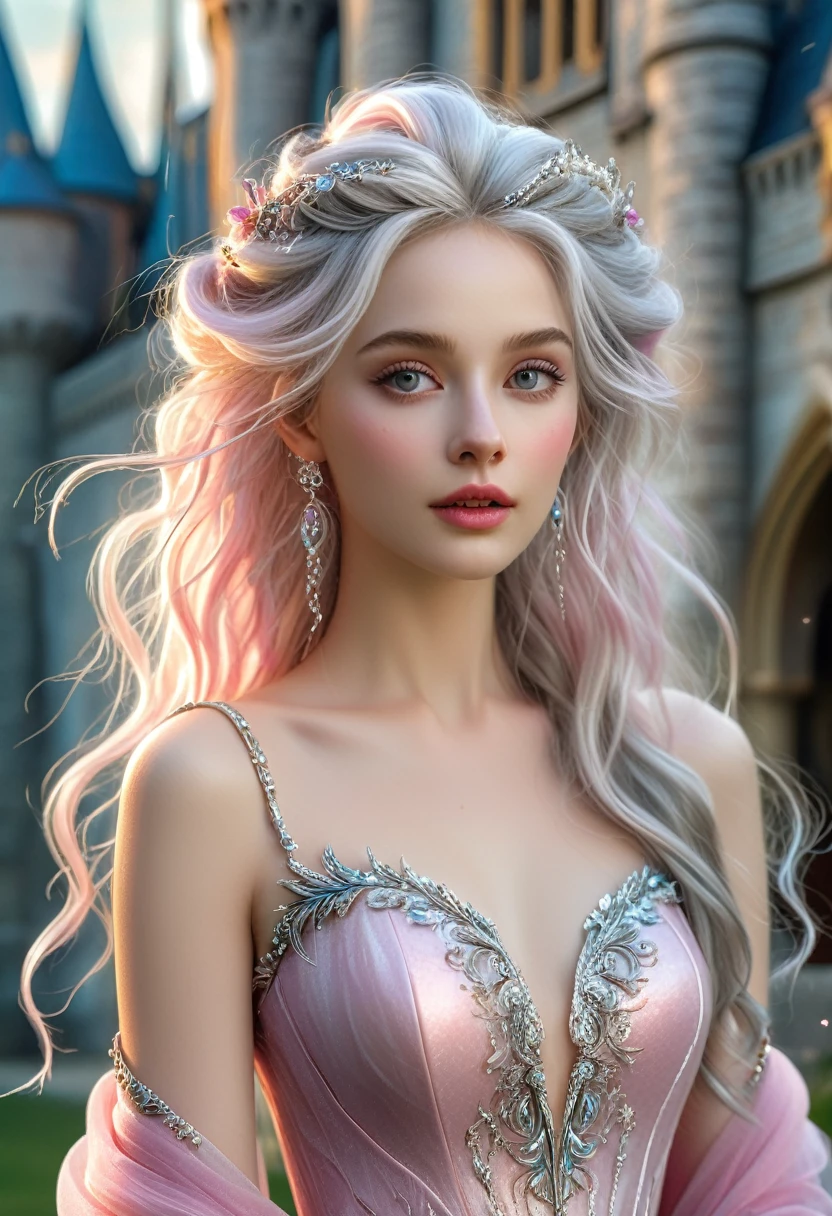 High-quality, 8K Ultra HD, hyper-realistic portrait of a captivating woman.
A mysteriously enchanting young fairy with cascading silver locks, a porcelain complexion, and eyes that sparkle like hazel gems, stands elegantly next to a majestic castle. Dressed in a delicate pink flowing dress, she exudes an air of ethereal beauty. This vivid portrait, whether painted or photographed, captures her captivating presence with exquisite details and expertly rendered textures. An epitome of grace and elegance, it evokes a sense of otherworldly enchantment, making the viewer feel as if they have entered a fairy tale.