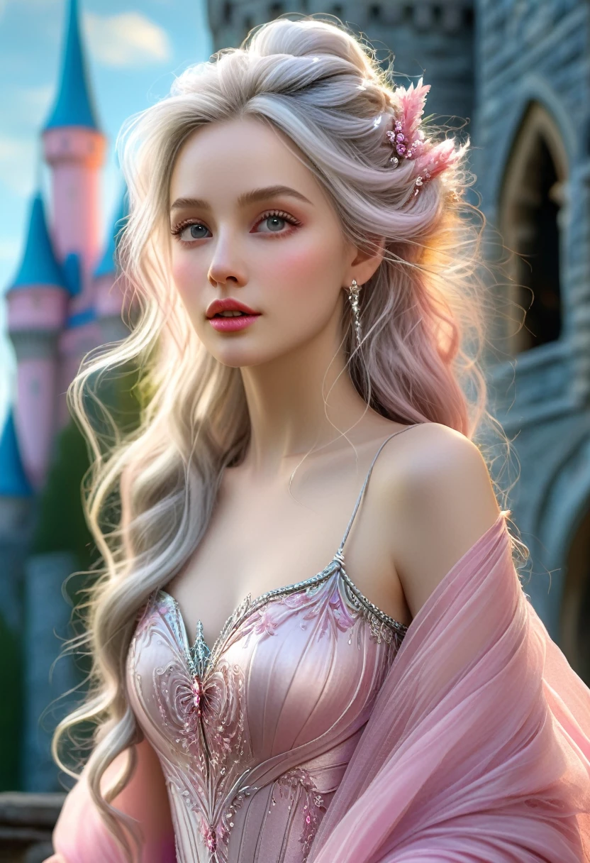 High-quality, 8K Ultra HD, hyper-realistic portrait of a captivating woman.
A mysteriously enchanting young fairy with cascading silver locks, a porcelain complexion, and eyes that sparkle like hazel gems, stands elegantly next to a majestic castle. Dressed in a delicate pink flowing dress, she exudes an air of ethereal beauty. This vivid portrait, whether painted or photographed, captures her captivating presence with exquisite details and expertly rendered textures. An epitome of grace and elegance, it evokes a sense of otherworldly enchantment, making the viewer feel as if they have entered a fairy tale.