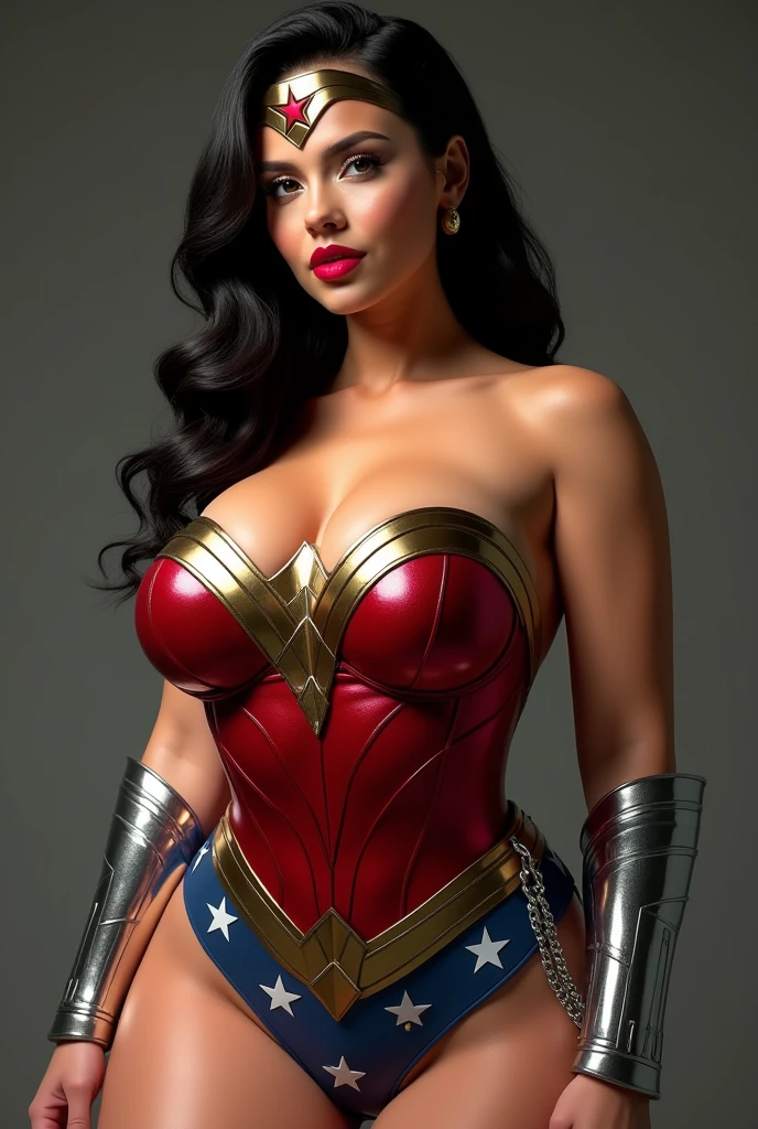 (photorealism:1.2),A beautiful sexy pornstar Angela White, massive breasts, red lipstick,Wonder Woman sexy uniform,(Detailed realistic,4k,high resolution,masterpiece:1.2),) HD  