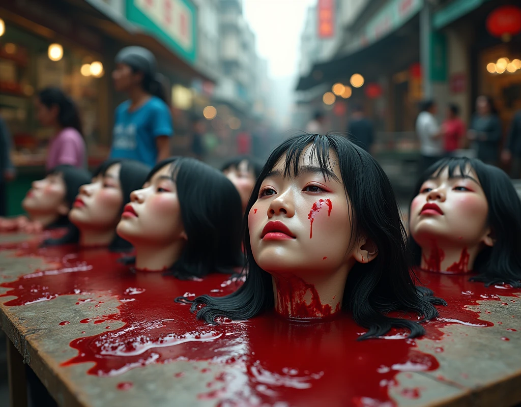 Several decapitated heads of young girl, on a table, in a public market, full of blood, blood flowing, ((eyes closed)), bleeding, photorealistic, 4K, Nikon, horror, public market, beautiful asian face, realistic, hyper realistic