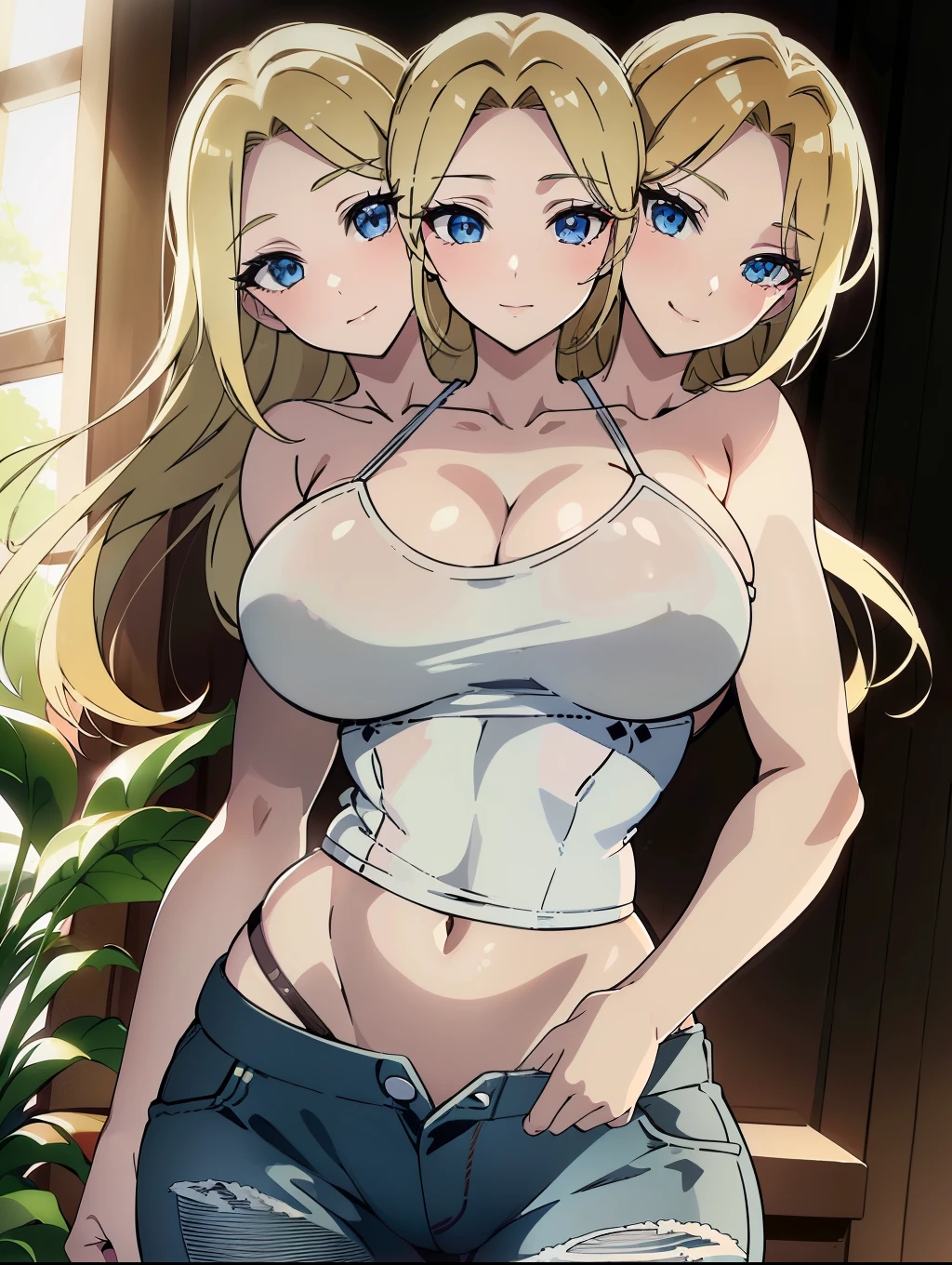 (highest quality, amazing details: 1.25), large breasts, detailed eyes, detailed face, (3heads:1.5), 1girl, anime girl with three heads, (blonde hair color), indigo eyes, different eye colors, seductive, sexy woman, beautiful, ((white tank top)), smiling, exposed midriff, denim jeans