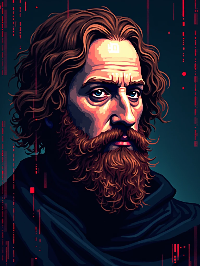Pixel painting concept of Albrecht Dürer's face like a hacker