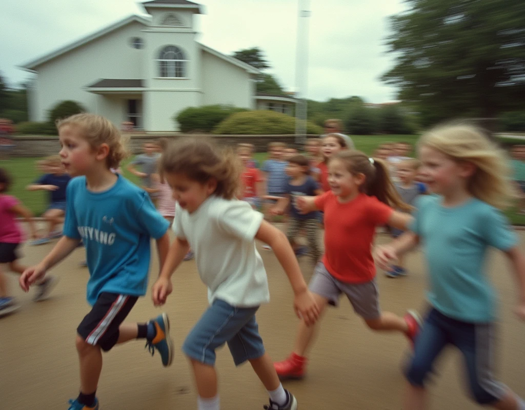 single exposure photo of a {bunch of kids} in motion, focus on the kids, blurred edges, church playground background, slow shutter speed motion photography, shot on Fuji Film XT4 camera f/8 ISO 200