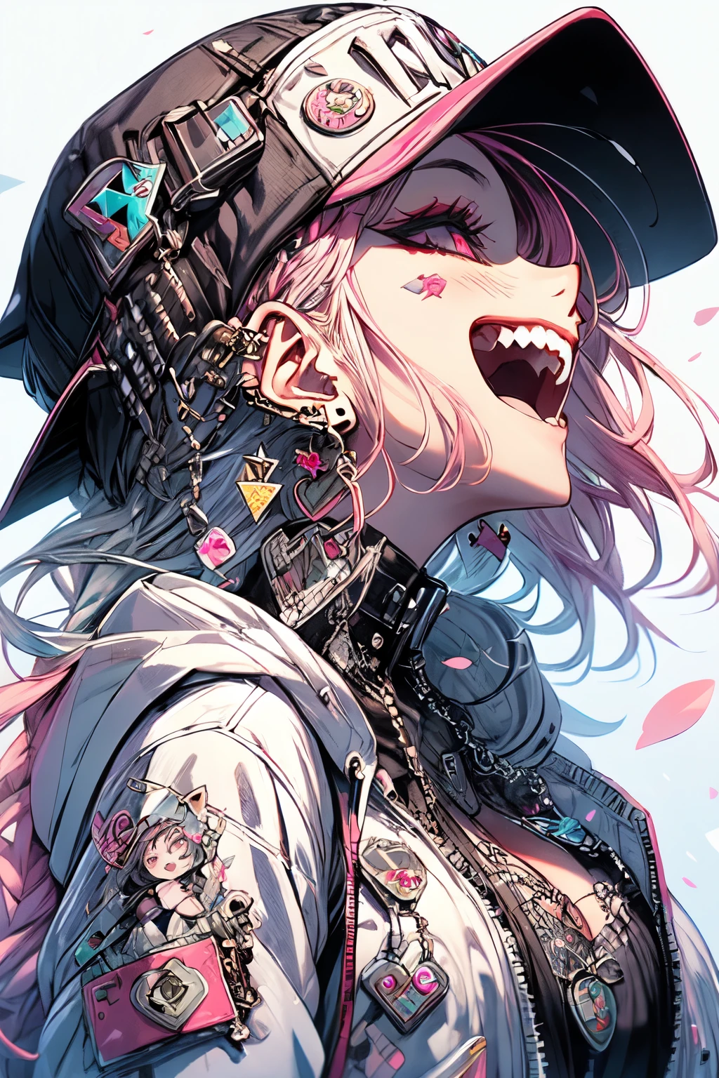 (masterpiece:1.2), best quality,PIXIV, beautiful Rebellious girl,portrait, 
1girl, hat, open mouth, glossy lips, pink hair, solo, mischievous smile, long hair, white background, jewelry, badge, button badge, hood, pink eyes, earrings, simple background, harajuku inspired jacket, long eyelashes, from side, hood down, star (symbol), profile, upper body, clothes writing, zipper, collar, massive accentuated super huge enormously gigantic breasts, chain, sexy seductive, cherry blossoms blowing in the wind, hat ornament, piercing, barcode, portrait, sticker, hoodie, smile, spikes, baseball cap
 