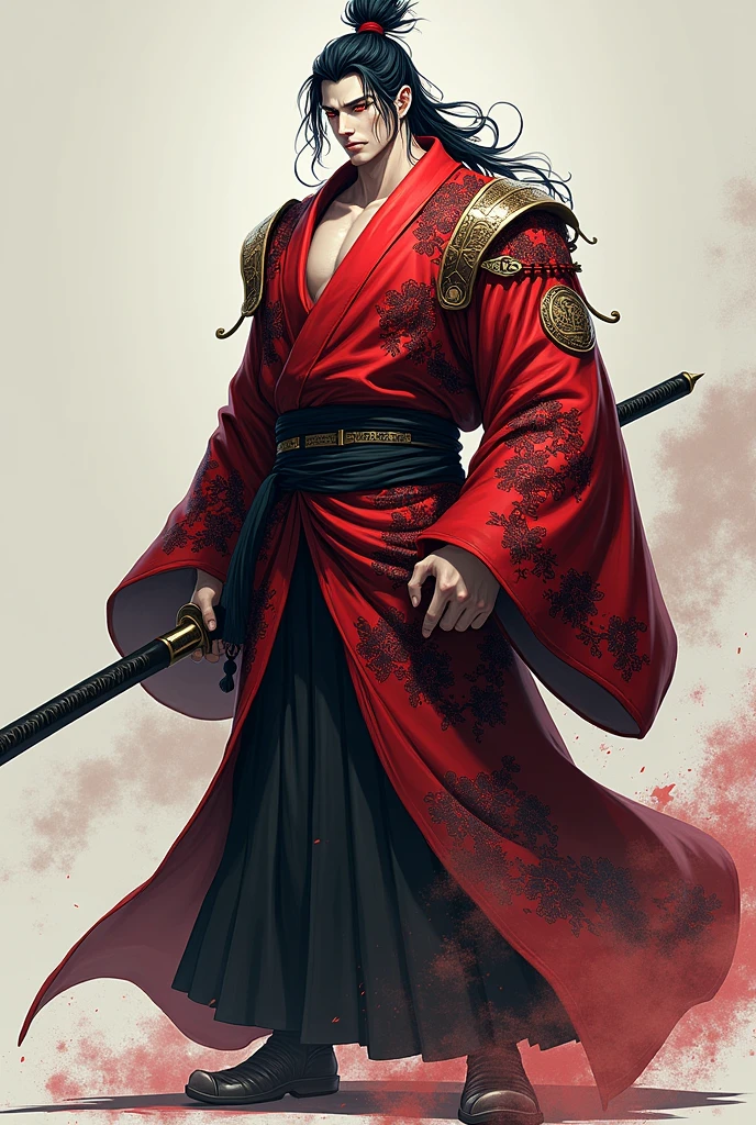 Create a This athletic male character of 2.30 meters dark-haired man has a striking presence holding a sword. Her black hair is tied in a high bun, with loose strands falling softly around her face, accentuating his sharp features. Their eyes, penetrating and red in color, convey an intense and calculating look, implying that he is someone with great power and a strategic mind.He wears an elaborate kimono, adorned with intricate patterns in red, black andwhite, symbolizing a mix of Wano traditions and a dark twist that may hint at its Teach heritage