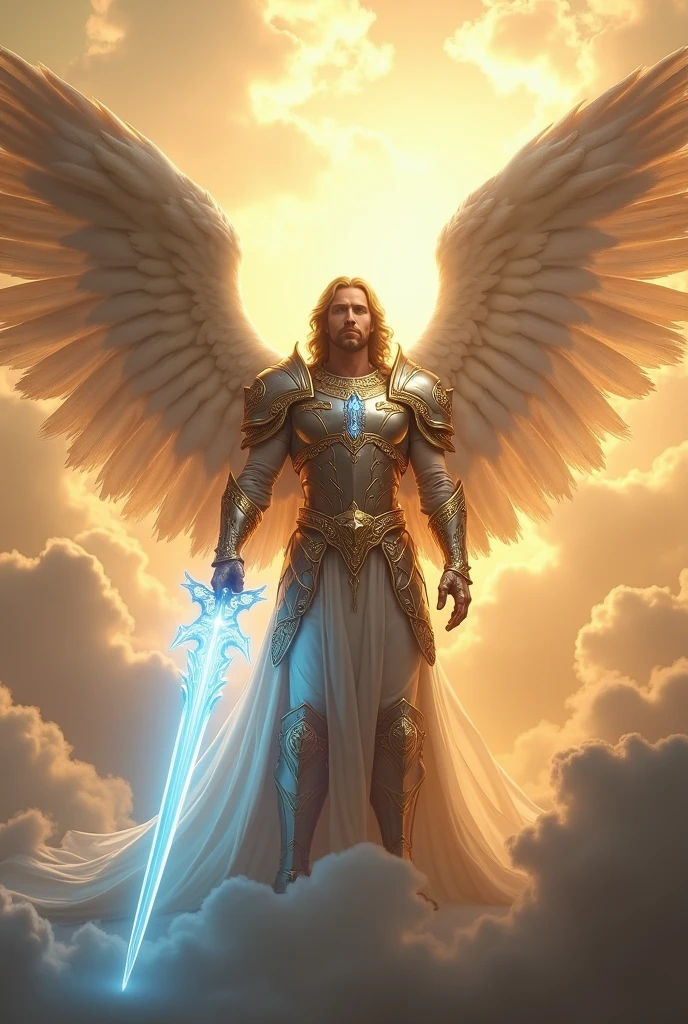 (super realistico) (supreme image quality) (work of art)
"Create an image of Archangel Michael, depicted as a majestic, protective figure with large, resplendent wings. He is dressed in shining armor and holds a blue light sword.. the background is heavenly, with soft clouds and a golden aura around him. The image must convey power, protection and a sense of divine peace."