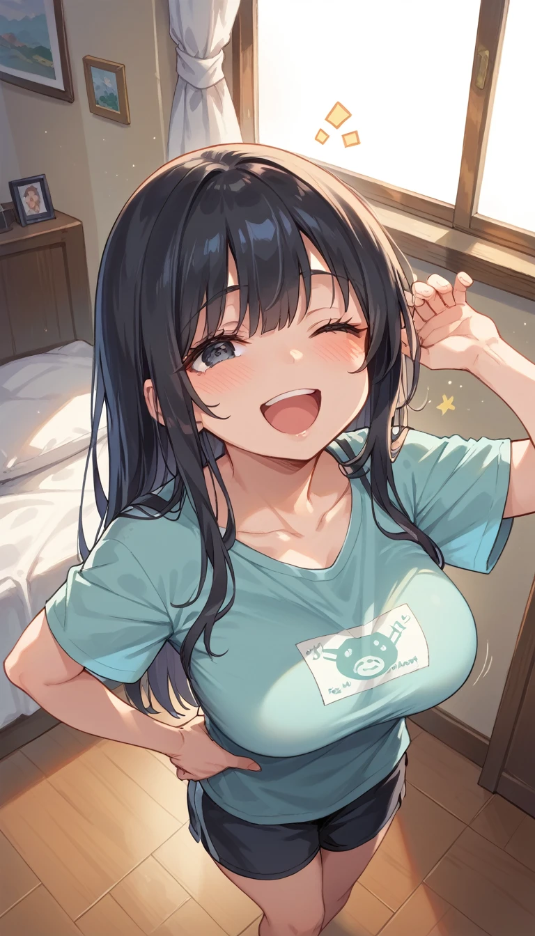 Girl,cute,cute,From above,Chest to head,Look up here,smile,Embarrassed,Straight Hair,Long Hair,Black Hair,morning,sunny,big breast photos,Wink,Raise one arm,Light shines in,Yawn,Long T-shirt,Hands on hips,My Room,Waking up