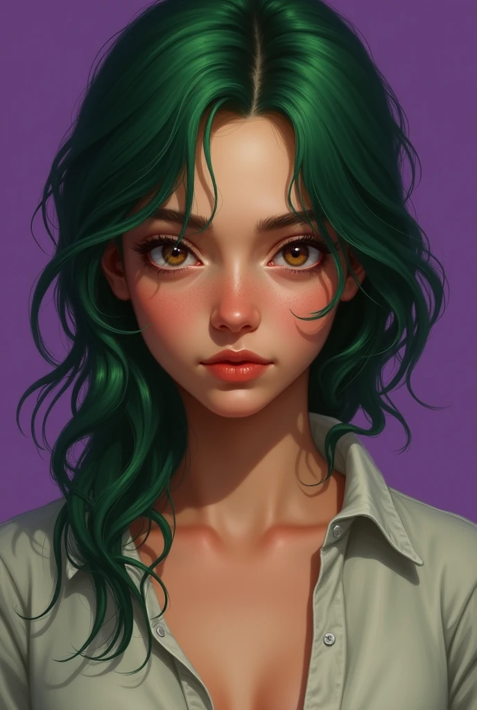 portrait, young woman, emerald hair, Brown eyes, sharp facial features, ruddy skin, tricky glance, linen shirt, ???? ?????, digital art, purple backdrop