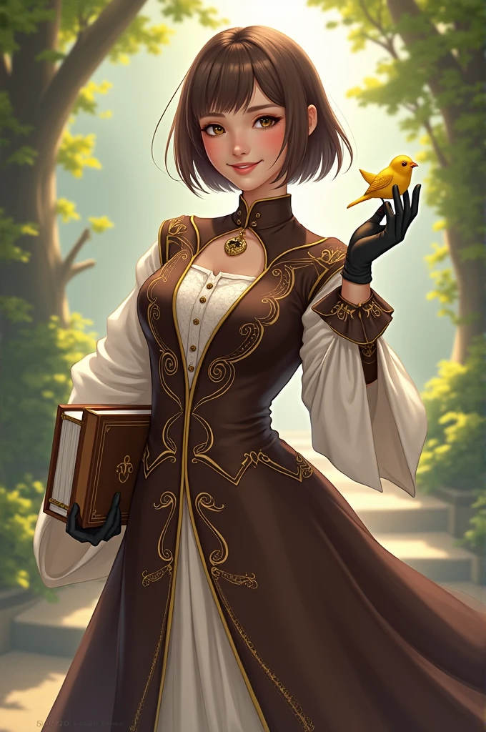 long view of photography of a young woman in a fantasy-inspired outfit, with a medium-length brown bob haircut, standing confidently. She's wearing a stylish long-sleeve brown and white dress with gold accents, resembling a priest's robe, with a high collar and decorative patterns. She is holding a small yellow bird on her black gloved hand and carrying a book in the other hand, smiling warmly, background is beautiful nature, eyes on camera