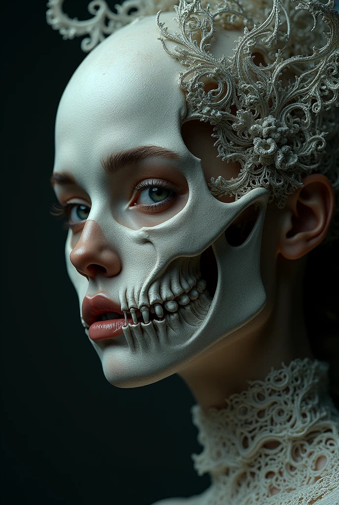 Three-quarters of a woman's face connecting with filigree and skull