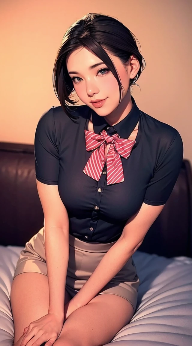 nude、(8k, RAW Photos, Highest quality, Master:1.2), (Realistic, photo-Realistic:1.37), Very detailed, 1 girl, cute, alone, Beautifully detailed skies, Detailed face, night, Sitting, date, (blush), (smile: 1.1), (shut up), Big Breasts, Beautiful and delicate eyes, The button is off, (Collared shirt: 1.1), bow tie, Pleated skirt, (short hair: 1.2), Flowing Hair, Long eyelashes, eye shadow, Small face, Big eyes, Full Body Shot, Expose your shoulders, indoor, bed