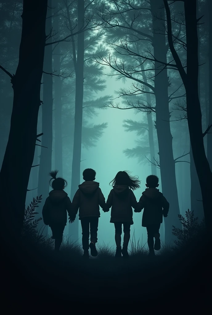 Silhouettes of 4 children running away in a dark forest