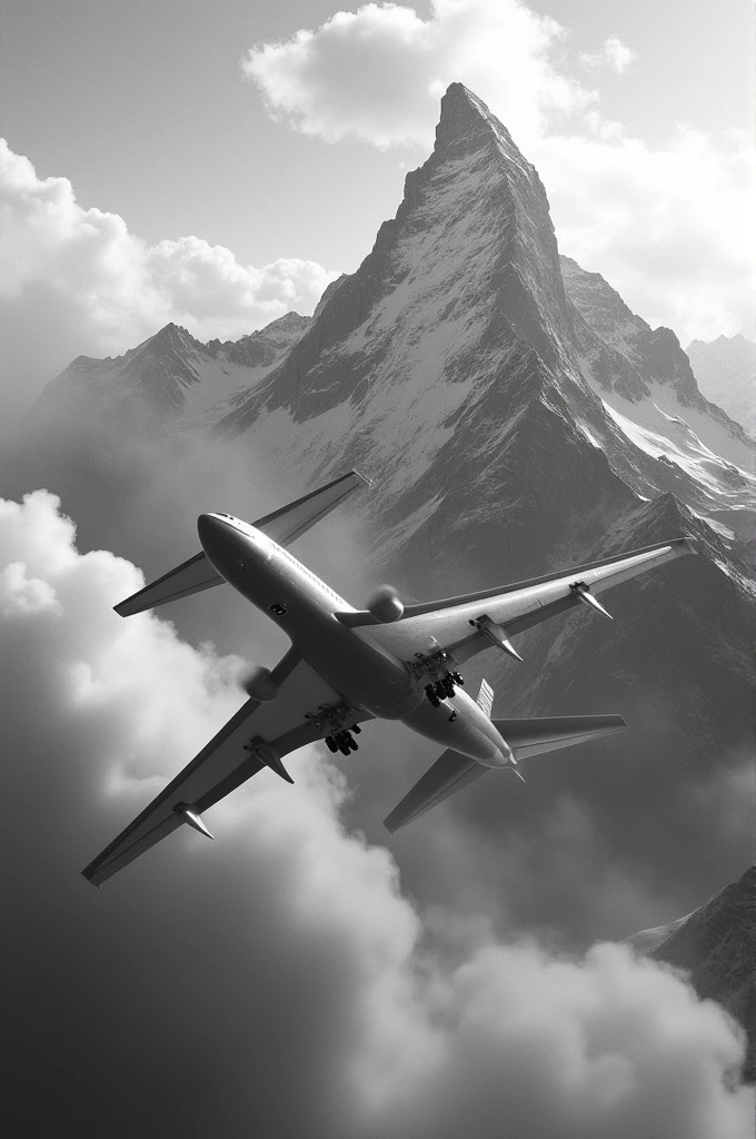 give a black nd withe photo of airplane gonna crash into a beautiful mountain