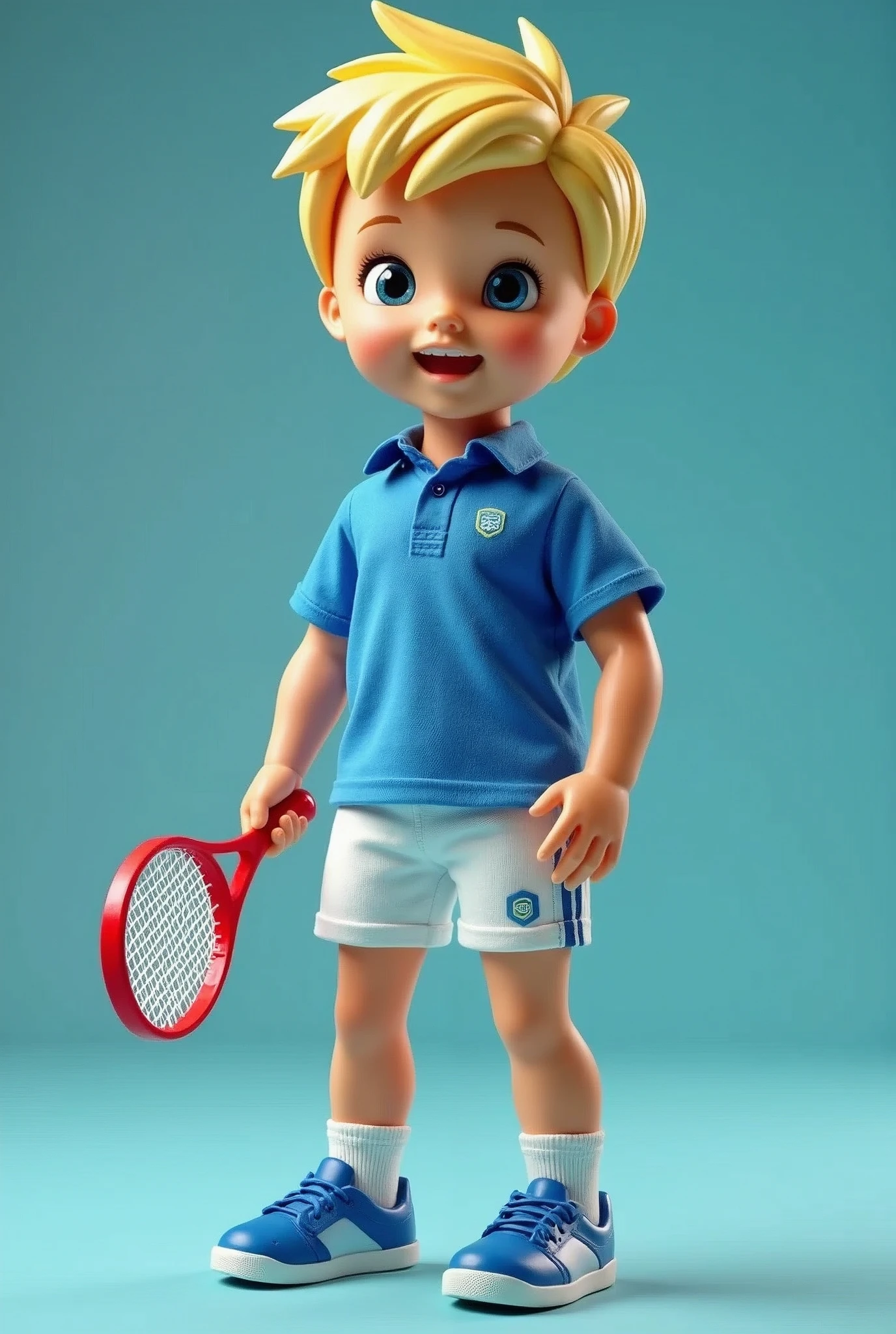 A male doll with a blue shirt and blue and white shorts with blond hair holding a tennis racket